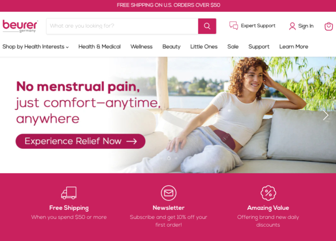 Beurer Website Homepage: Frau verwendet Gerät zur Linderung von Menstruationsbeschwerden für Wohlbefinden und Entspannung.