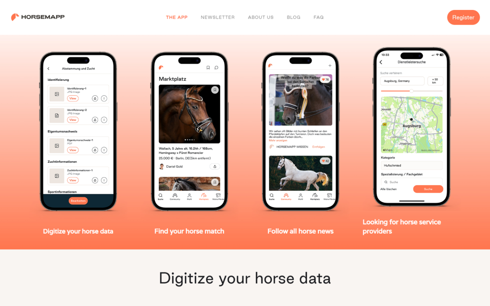HorseMapp app interface showcasing features: horse data digitization, match finding, news, and service providers.