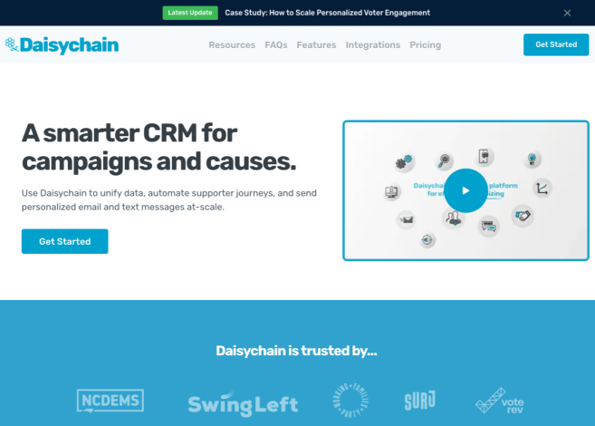 Daisychain CRM-Website: Das intelligentere CRM für Kampagnen und Anliegen, dem NCDEMS, Swing Left und SURJ vertrauen.