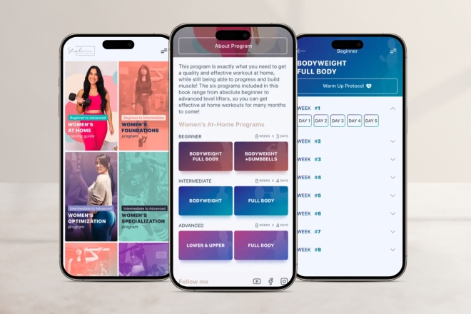 Fitness-App-Oberfläche auf drei Smartphones, die Trainingsprogramme und Übungen anzeigen.