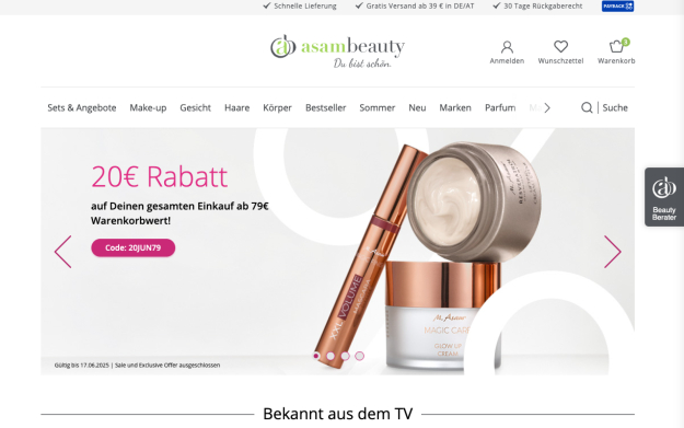 Asambeauty-Hautpflege-Website-Homepage mit Make-up, Parfüm und 20-Euro-Rabattangebot.
