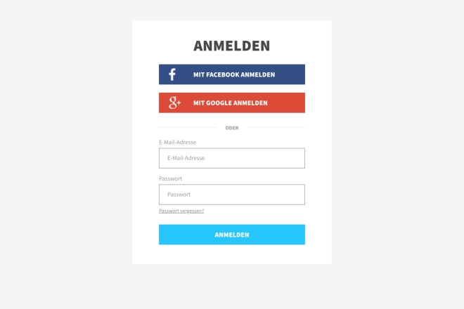 Deutsches Anmeldeformular mit Optionen für Facebook und Google, sowie Feldern für E-Mail-Adresse und Passwort.
