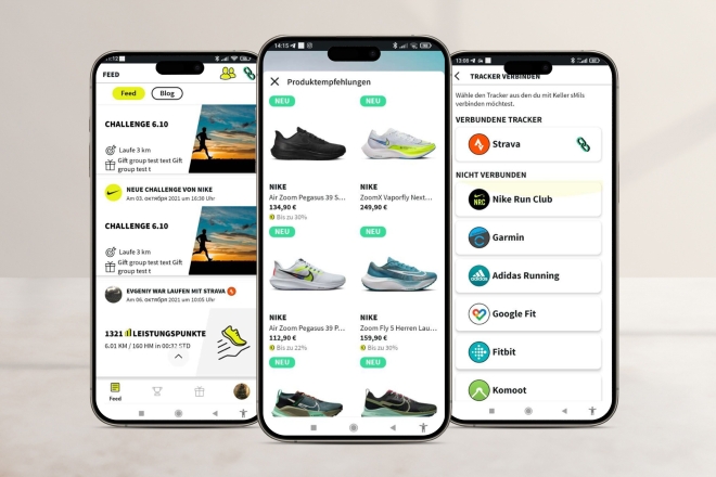 Three smartphones displaying running app interfaces for challenges, shopping, and tracking.