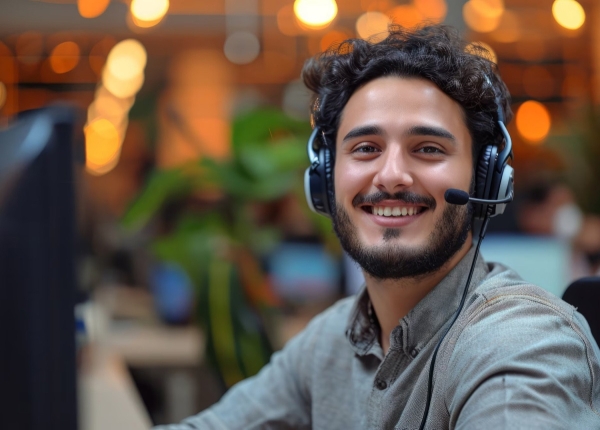 A smiling customer service representative wearing a headset sits at a computer in a call centre office.