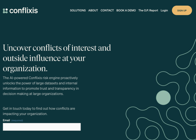 Conflixis-Webseite: KI-gestützte Risikoanalyse für Interessenkonflikte zur Förderung von Transparenz in Organisationen.