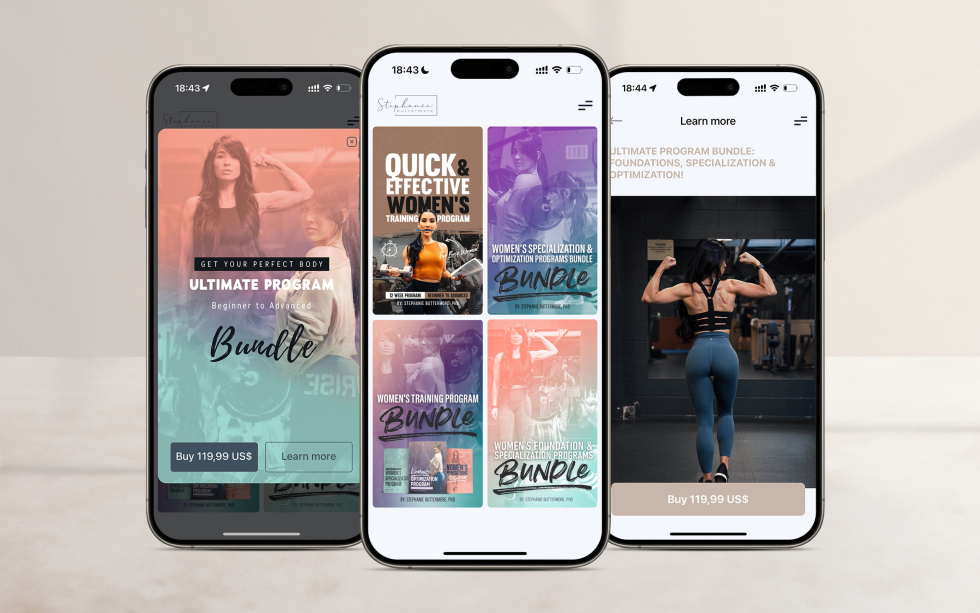 Fitness-App-Mockups auf drei iPhones, die Trainingsprogramme und gesunde Lifestyle-Pakete anzeigen.