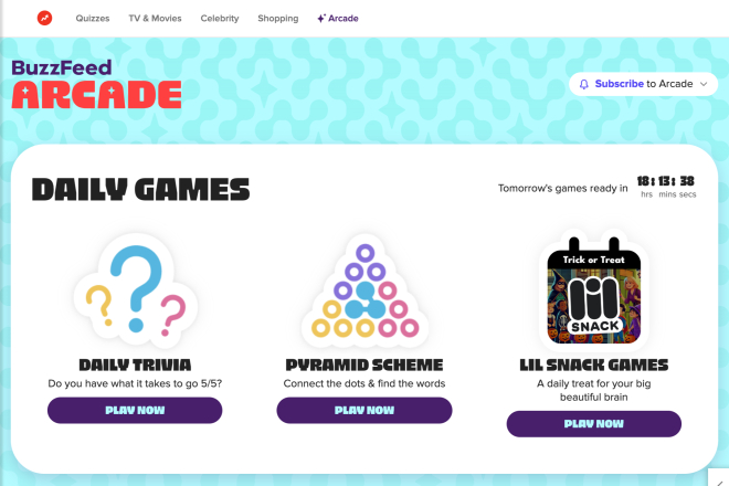BuzzFeed Arcade, eine Website mit täglichen Online-Spielen: Quizspiele, Pyramidensystem-Spiele und Lil Snack-Spiele.