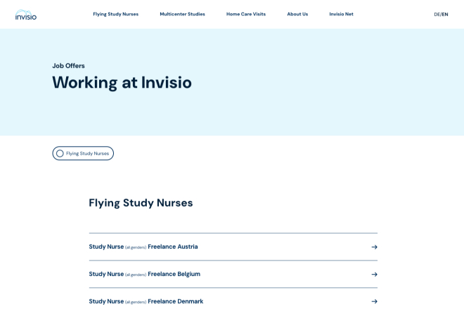 Invisio Karriereseite: "Arbeiten bei Invisio" – Stellenangebote für fliegende Studienpfleger/innen in Österreich, Belgien und Dänemark.