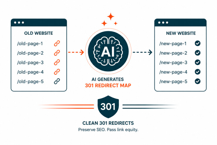 KI-gestützte Erstellung von 301-Redirect-Maps für die Website-Migration, zur Sicherstellung der SEO-Erhaltung und des Transfers von Link-Autorität.