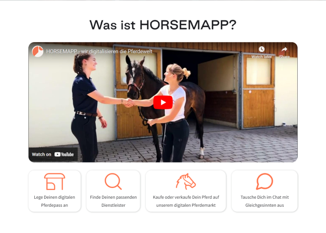 Horsemapp video thumbnail: Two women shaking hands next to a horse in a stable, promoting equestrian services.