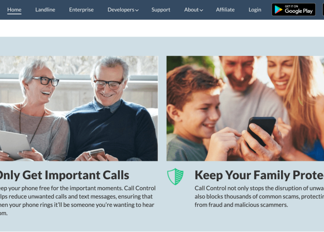 Webseite der Anrufsteuerungs-App: Fröhliches älteres Ehepaar und Familie nutzen Smartphones zur Anrufblockierung.
