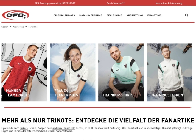 ÖFB online shop: Austria national football team fan merchandise including shirts, training tops, and jackets.