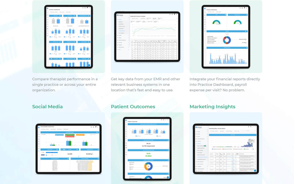 Tablets, auf denen Business-Analytics-Dashboards für Social Media, Mustererkennung und Marketing-Insights angezeigt werden.