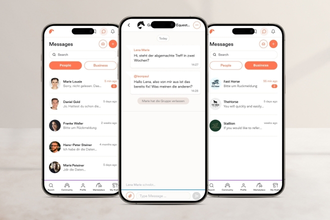 Mobiles App UI-Design, das eine Messaging-Oberfläche auf drei Smartphone-Bildschirmen darstellt.