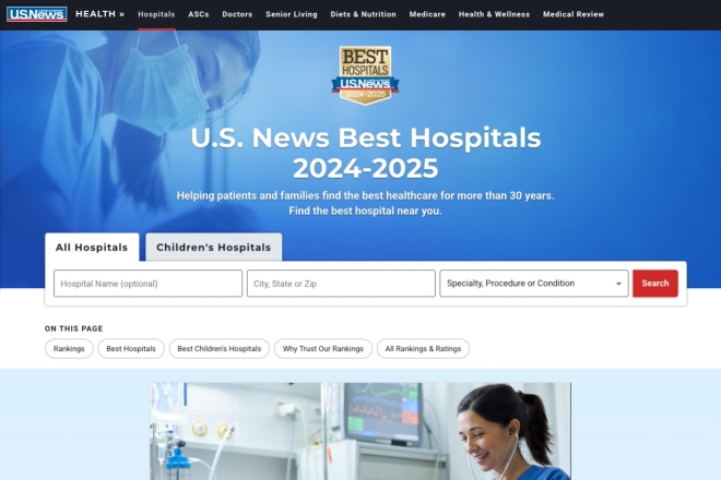 U.S. News & World Report – Beste Krankenhäuser 2024–2025: Webseite zur Suche nach erstklassiger Gesundheitsversorgung und Top-Krankenhäusern.