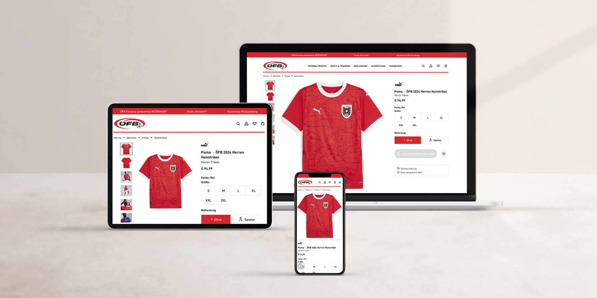 Österreichisches Fußballtrikot-Produktseite, dargestellt auf Laptop-, Tablet- und Smartphone-Bildschirmen.