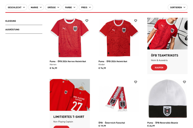 Österreichischer Fußball-Fanshop: Puma-Trikots, -T-Shirts, -Schals und -Hauben für Herren, Damen und Kinder.