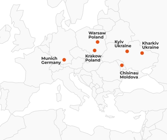 Karte von Osteuropa mit den Standorten von Kiew & Charkiw, Ukraine, Warschau & Krakau, Polen.