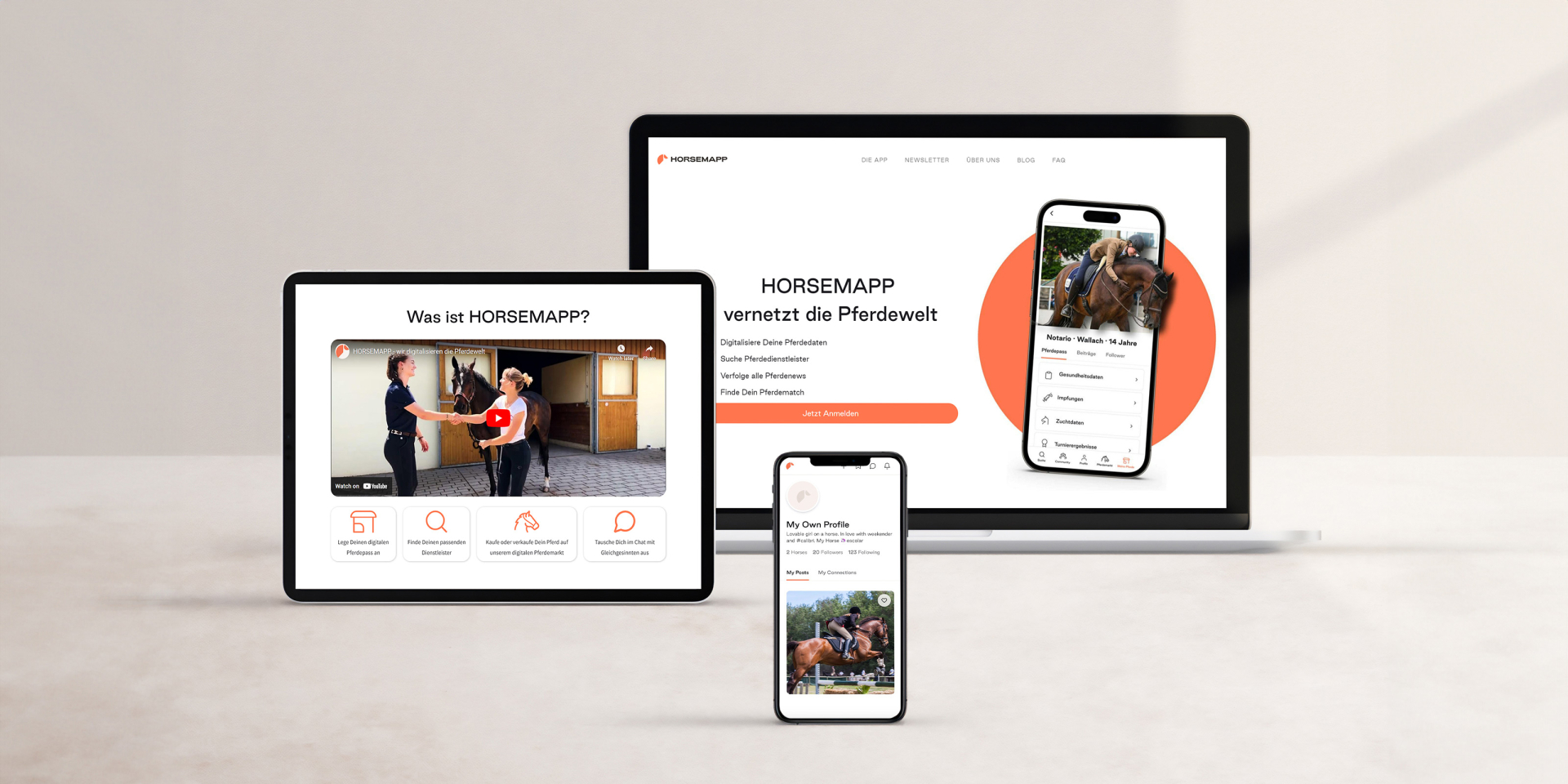 HorseApp website displayed on laptop, tablet, and phone screens for equestrian training.