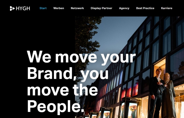 HYGH Website-Homepage: "Wir bewegen Ihre Marke, Sie bewegen die Menschen" mit Display-Werbung an Gebäuden.