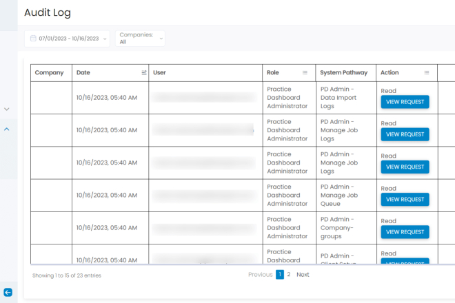 Revisionsprotokoll-Tabelle mit Benutzeraktivitäten, Datum, Rolle, Systempfad und Details zur Aktionsanforderung.