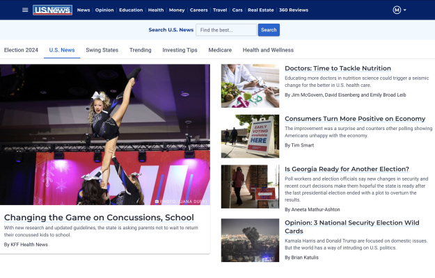 US News homepage: Cheerleaders performing a routine, health articles, and election news.