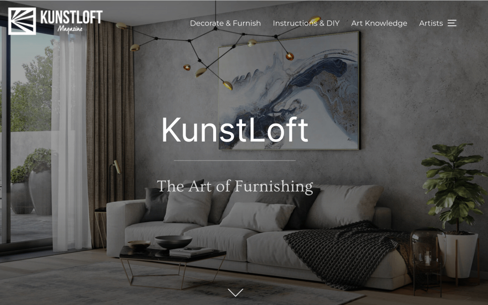 KunstLoft website showcasing modern interior design with sofa, abstract art, and contemporary lighting.