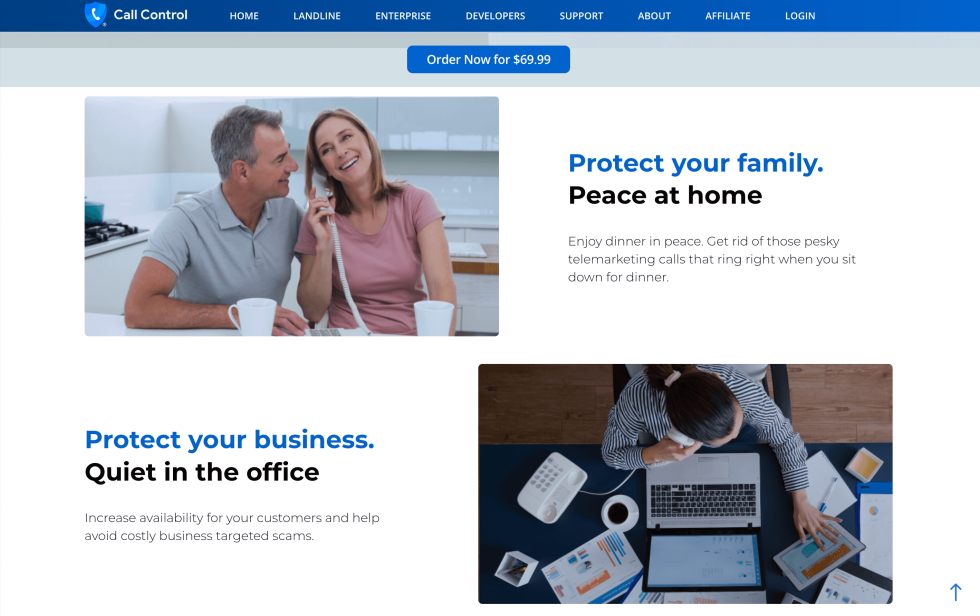 Happy couple using home phone & business woman at laptop for call center services.