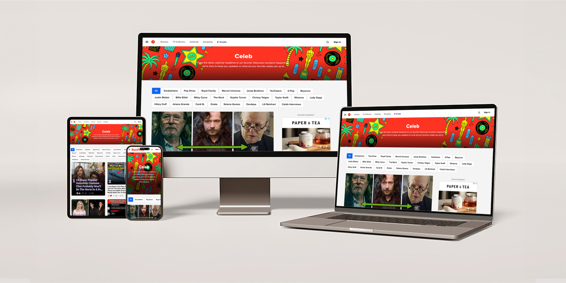 Website design mock-up displayed on desktop computer, laptop, tablet and smartphone.