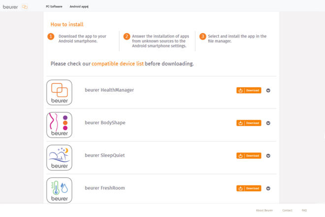 Beurer App-Downloadseite: HealthManager, BodyShape, SleepQuiet und FreshRoom Apps für Android.