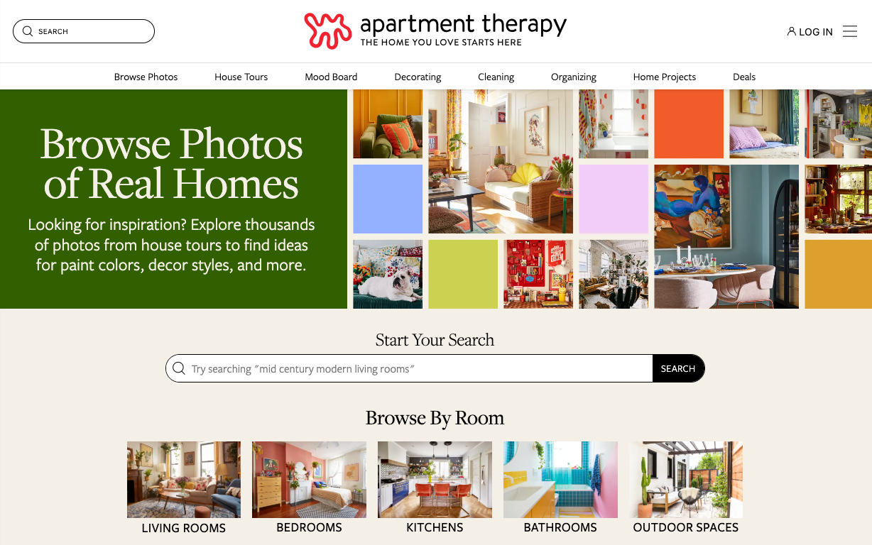 Apartment Therapy website showcasing real home photos for interior design inspiration and decor ideas.