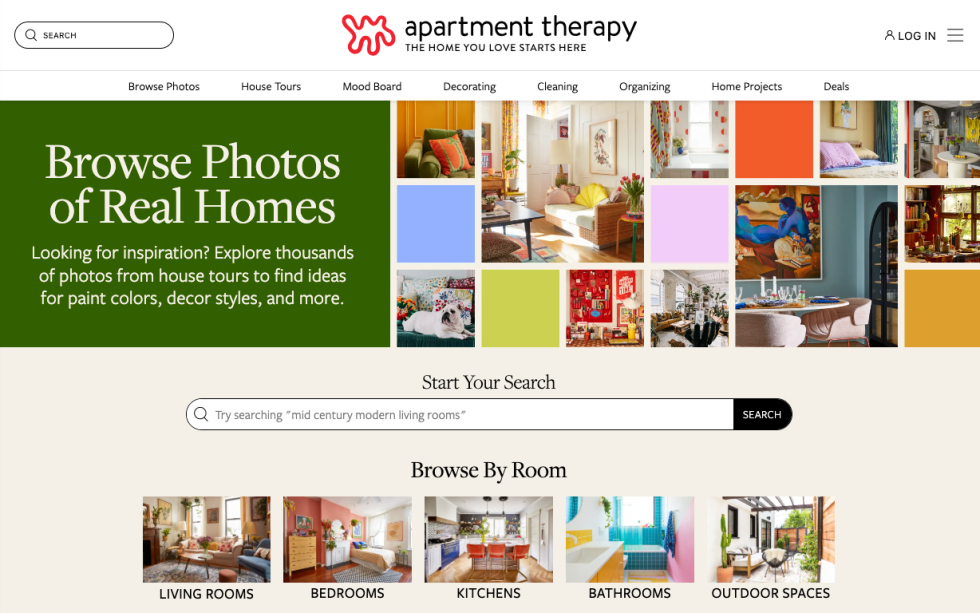 Apartment Therapy Website-Homepage mit echten Fotos von Wohnungen zur Inspiration für Inneneinrichtung.