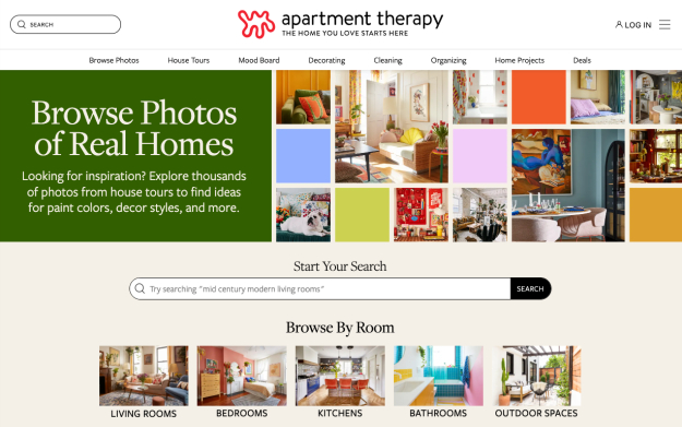 Apartment Therapy Website-Homepage mit echten Wohnungsfotos zur Inspiration für Inneneinrichtung.