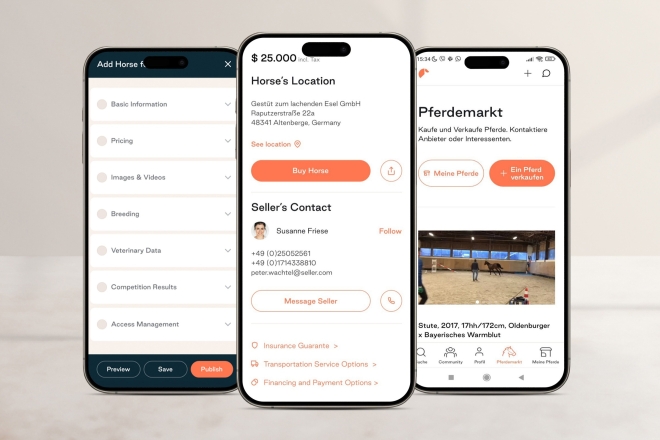 Benutzeroberfläche einer Pferde-Marktplatz-App auf drei Smartphones, die Pferdeangebote und -details anzeigt.