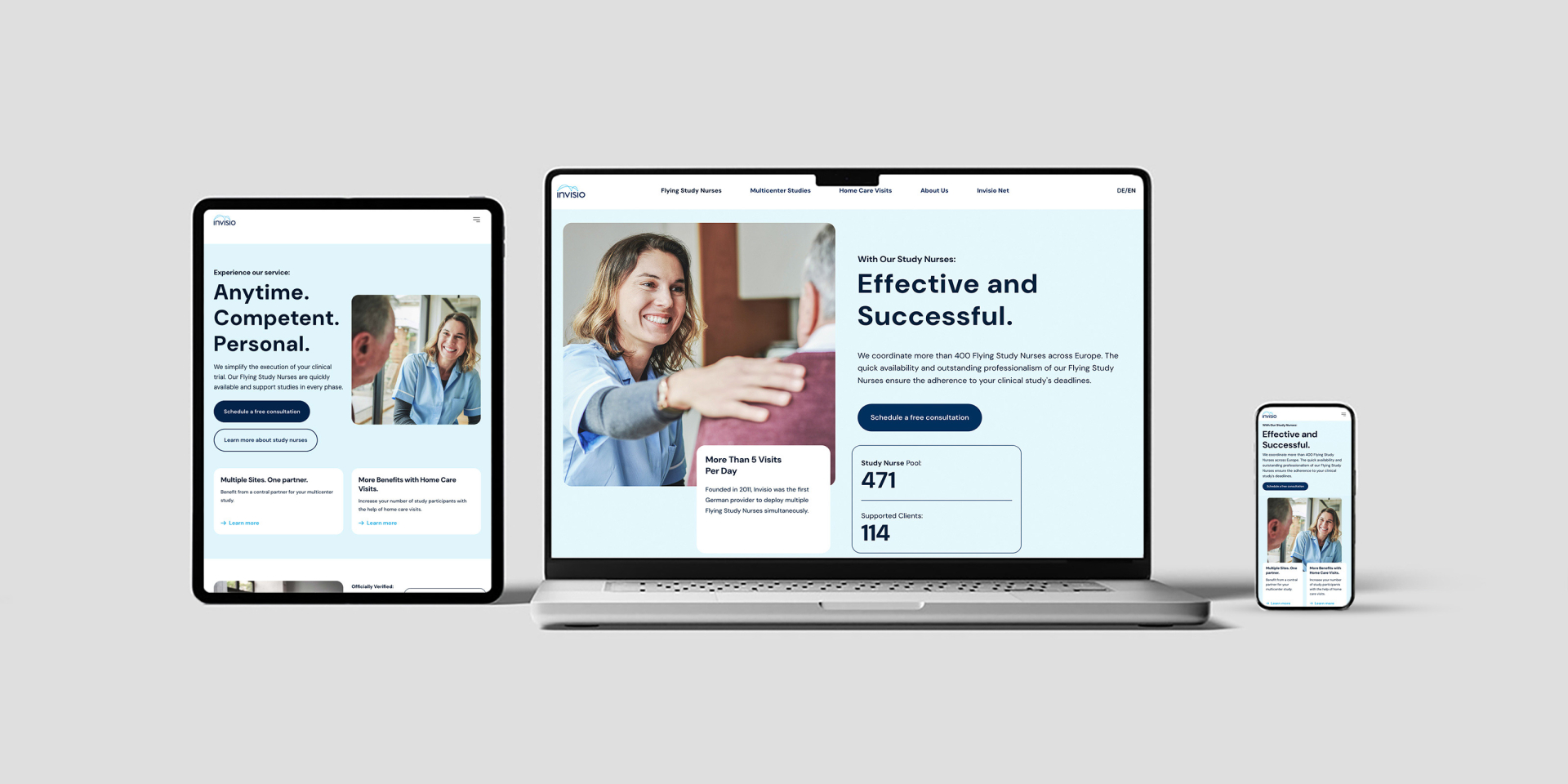 Responsives Webdesign, dargestellt auf Laptop, Tablet und Smartphone, zur Präsentation von Gesundheitsdienstleistungen.