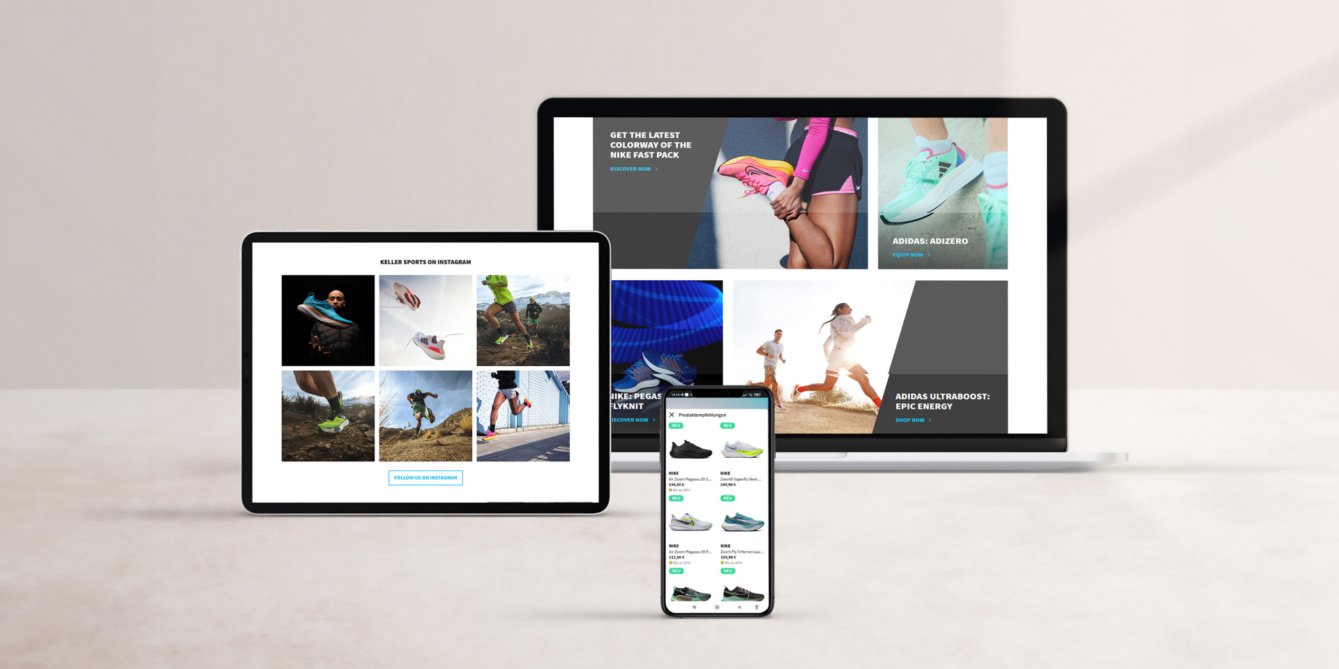 Responsives Webdesign, das Sportschuhe auf einem Laptop, Tablet und Smartphone-Bildschirm präsentiert.