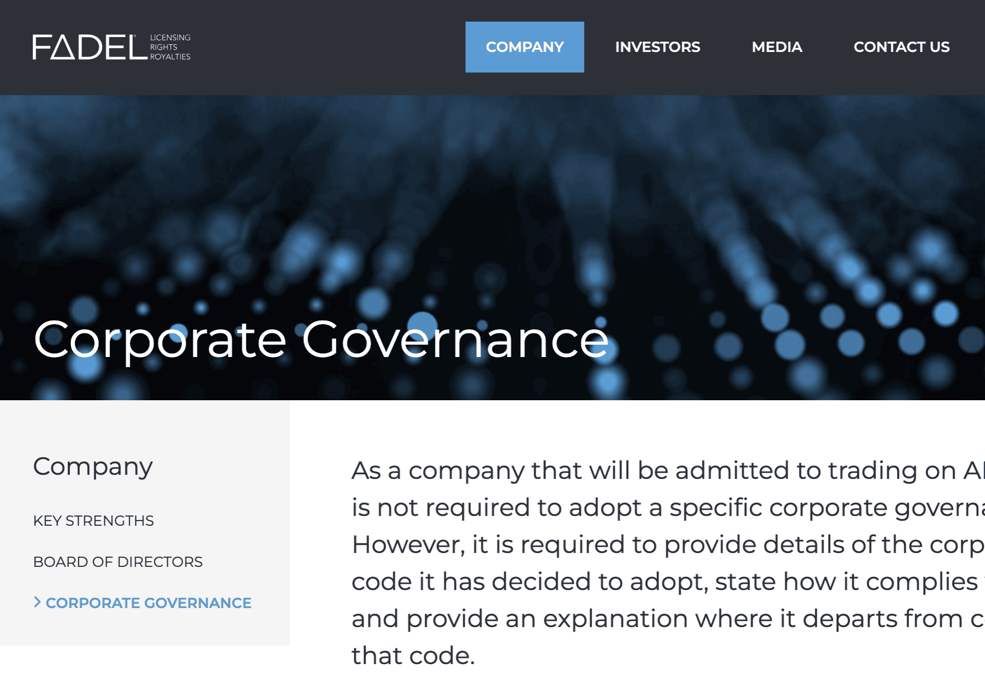FADEL company website homepage featuring corporate governance information for investors and the media.