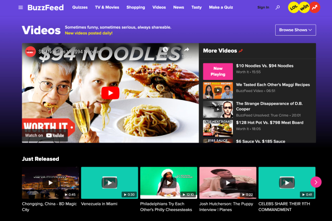 BuzzFeed Videos-Webseite mit Lebensmittel-Inhalten wie „94-Dollar-Nudeln“ und Rezeptvideos.