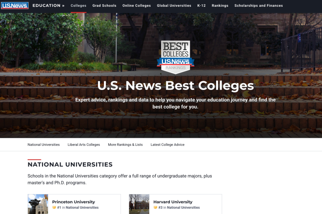 U.S. News & World Report: Website mit Hochschulrankings, Campusarchitektur und Suchfunktionen für Hochschulen.