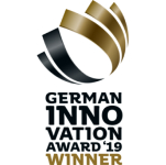 Deutscher Innovationspreis 2023 Gewinner-Logo mit abstraktem goldenem und schwarzem Schleifen-Design.
