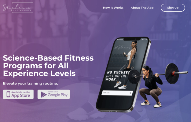 Stephanie Buttermores Fitness-App-Landingpage mit wissenschaftlich fundierten Trainingsprogrammen und mobiler Benutzeroberfläche.