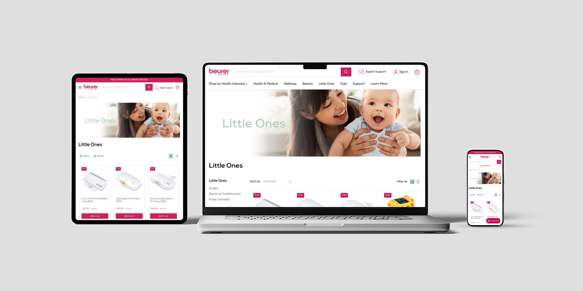 Responsives Webdesign: Laptop, Tablet und Smartphone zeigen dieselbe E-Commerce-Website für Babyartikel.