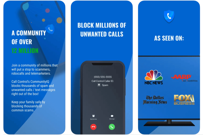 Screenshots der Call Control App: Spamanruf-Blocker, Community mit 12 Millionen Mitgliedern, bekannt aus NBC News und Fox.