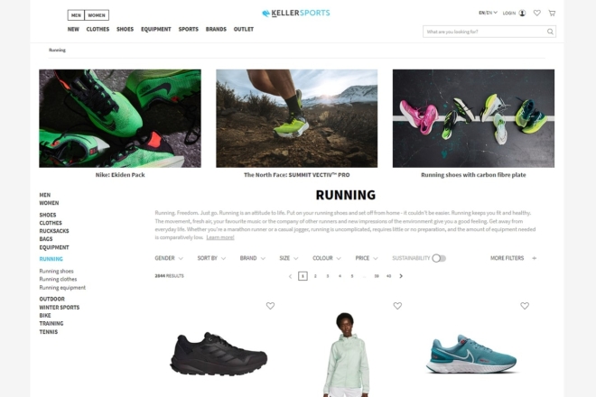 Keller Sports running shoe product category page featuring athletic footwear.