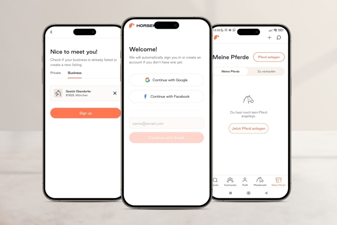 Mobile app interface showcasing user onboarding and horse management features.