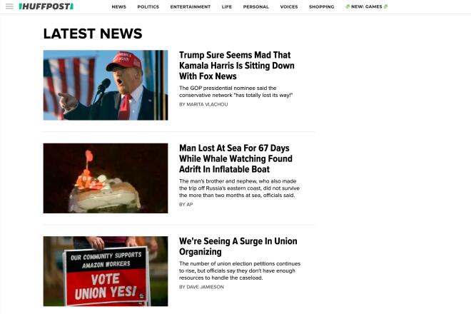 HuffPost-Nachrichtenseite mit Schlagzeilen zu Trump, Kamala Harris, einem vermissten Seemann und gewerkschaftlicher Organisierung.