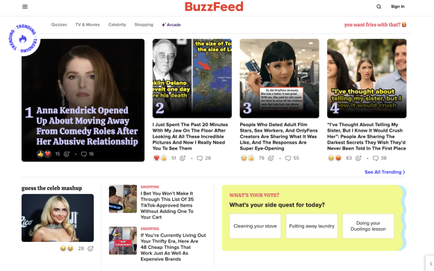 BuzzFeed homepage: Anna Kendrick article, trending news, quizzes, and shopping links.