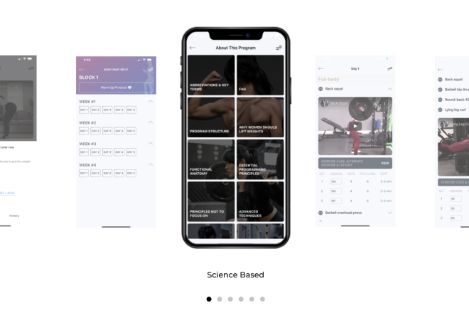 Benutzeroberfläche einer Fitness-App, die Trainingsprogramme und Übungsabläufe für Krafttraining präsentiert.
