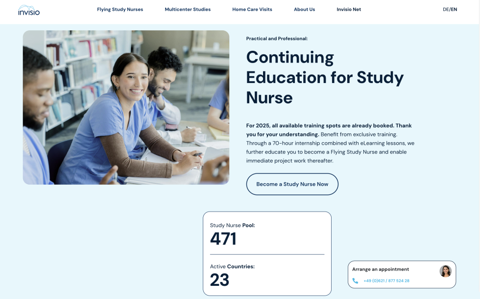 Website zur Ausbildung von Studienassistenten mit diversen medizinischen Fachkräften in Ausbildung.