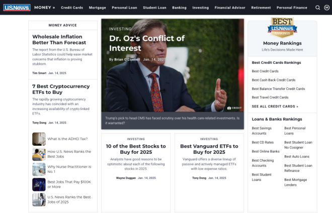 US News & World Report Homepage mit Artikel über Dr. Oz, Kryptowährungs-ETFs und Aktienempfehlungen für 2025.